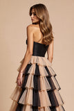 Black Pink A Line Strapless Tiered Prom Dress