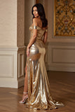 Off The Shoulder Sheath Long Golden Prom Dress With Slit