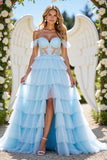 Blue Off The Shoulder Tiered Prom Dress With Slit