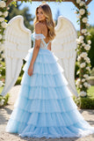 Blue Off The Shoulder Tiered Prom Dress With Slit