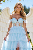 Blue Off The Shoulder Tiered Prom Dress With Slit