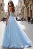 A Line Spaghetti Straps Long Light Blue Prom Dress