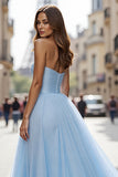 A Line Spaghetti Straps Long Light Blue Prom Dress