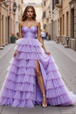 A Line Sweetheart Long Purple Prom Dress With Slit