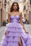 A Line Sweetheart Long Purple Prom Dress With Slit