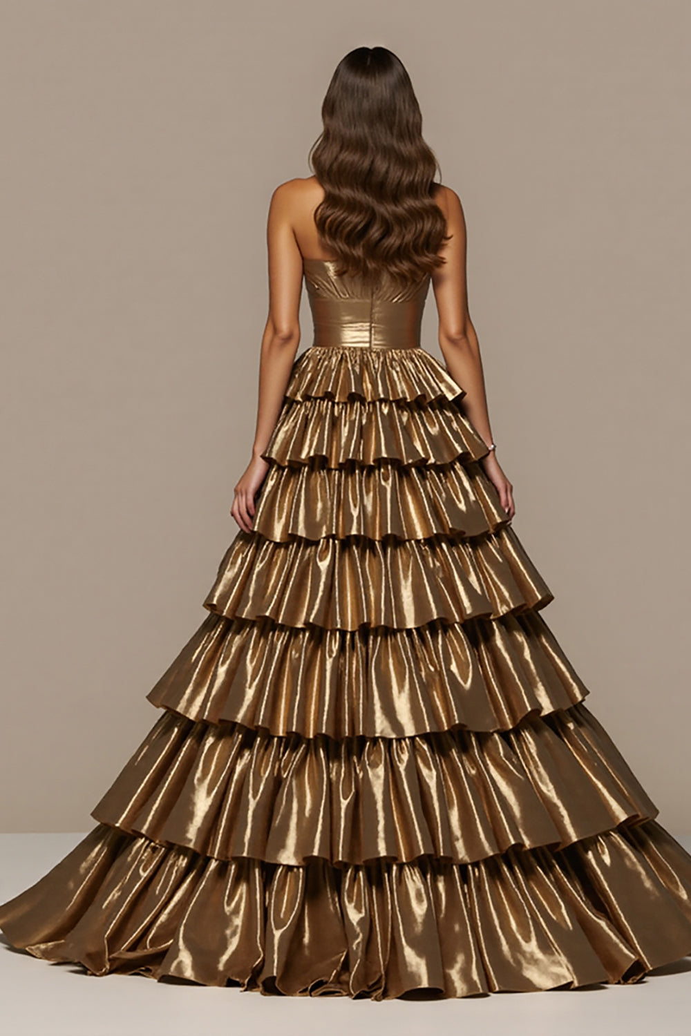 Tiered A Line Long Golden Prom Dress