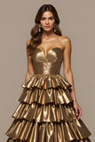 Tiered A Line Long Golden Prom Dress