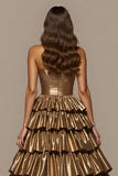 Tiered A Line Long Golden Prom Dress
