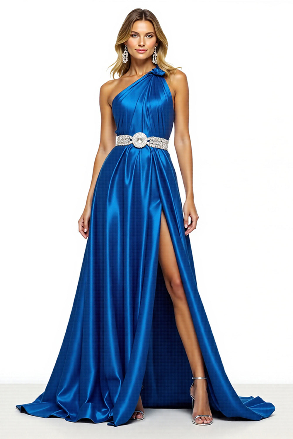 Royal Blue One Shoulder Long Prom Dress With Rhinestones