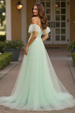Off The Shoulder Ruffle Sleeve Appliqued Green Prom Dress