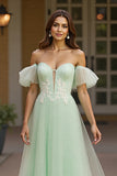 Off The Shoulder Ruffle Sleeve Appliqued Green Prom Dress