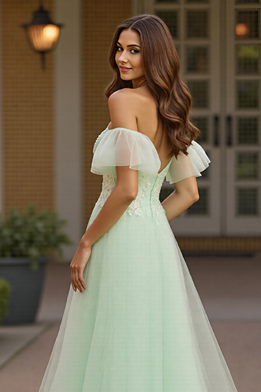 Off The Shoulder Ruffle Sleeve Appliqued Green Prom Dress