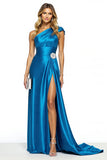 One Shoulder Blue Sheath Prom Dress With Slit