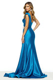 One Shoulder Blue Sheath Prom Dress With Slit