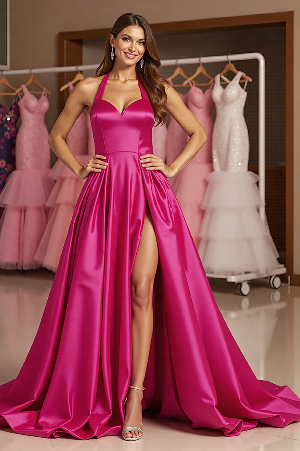 Halter A Line Fuchsia Long Prom Dress With Slit