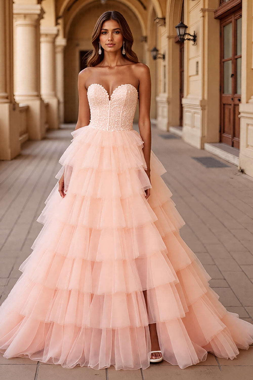 Blush Sweetheart Corset Tiered A Line Prom Dress