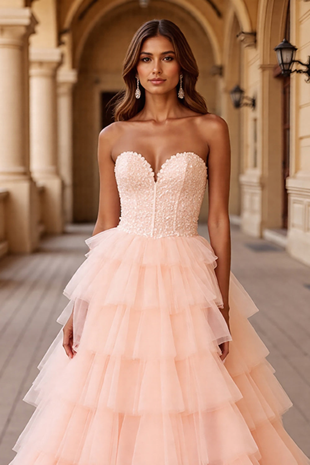 Blush Sweetheart Corset Tiered A Line Prom Dress