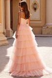 A Line Tiered Spaghetti Straps Blush Prom Dress With Slit