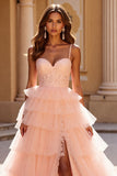 A Line Tiered Spaghetti Straps Blush Prom Dress With Slit