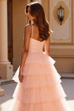 A Line Tiered Spaghetti Straps Blush Prom Dress With Slit