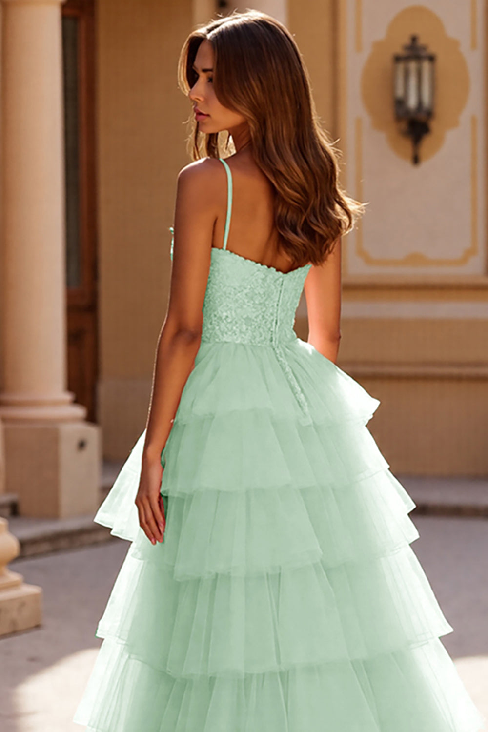 A Line Tiered Spaghetti Straps Blush Prom Dress With Slit