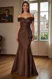 Off The Shoulder Satin Brown Mermaid Formal Dress With Draped Bow
