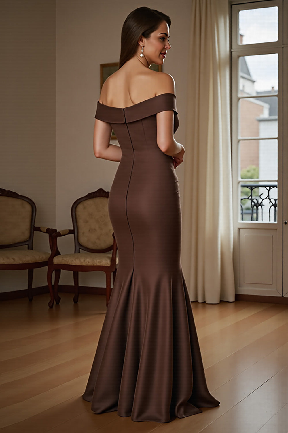 Off The Shoulder Satin Brown Mermaid Formal Dress With Draped Bow