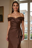 Off The Shoulder Satin Brown Mermaid Formal Dress With Draped Bow