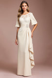 Apricot Lace Ruched Sheath Half Sleeve Mother of the Bride Dress with Sash