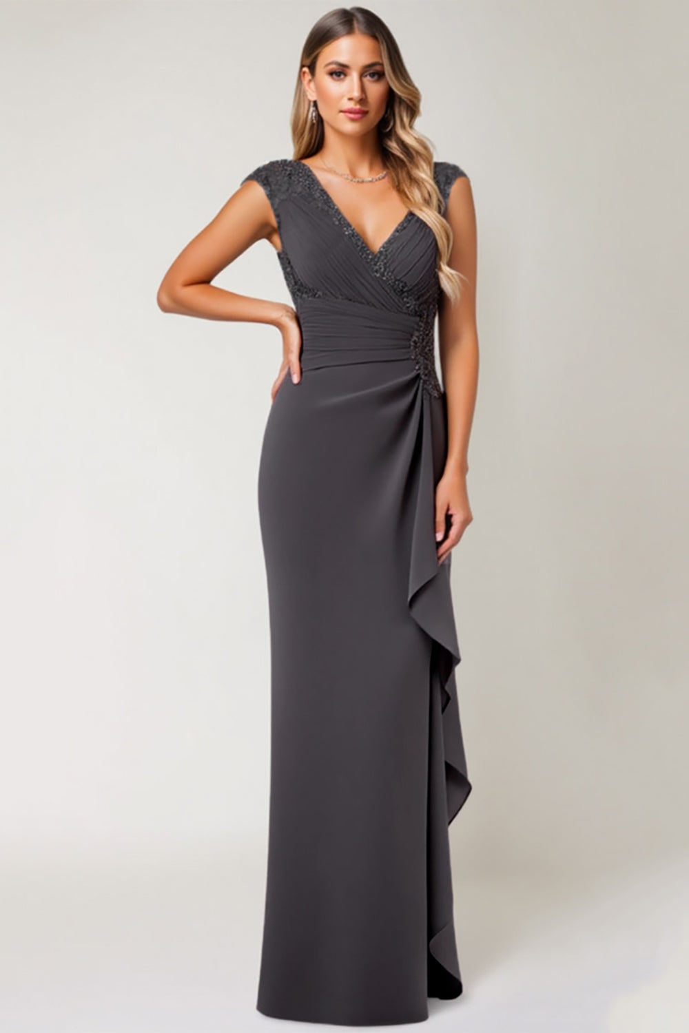 Steel Grey Ruffled Mermaid Long Mother of the Bride Dress