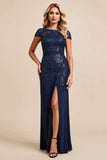 Navy Mermaid Satin Long Mother Of The Bride Dress With Slit