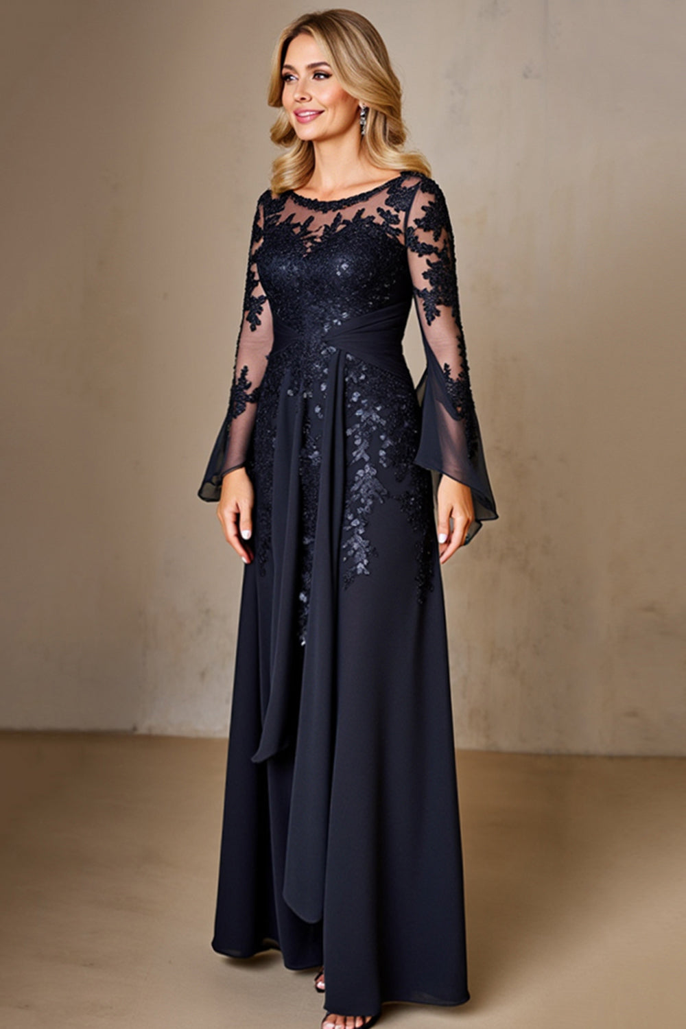 Chiffon A Line Long Sleeve Navy Mother of the Bride Dress with Lace Appliques