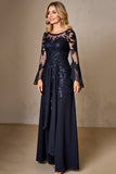 Chiffon A Line Long Sleeve Navy Mother of the Bride Dress with Lace Appliques