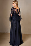 Chiffon A Line Long Sleeve Navy Mother of the Bride Dress with Lace Appliques