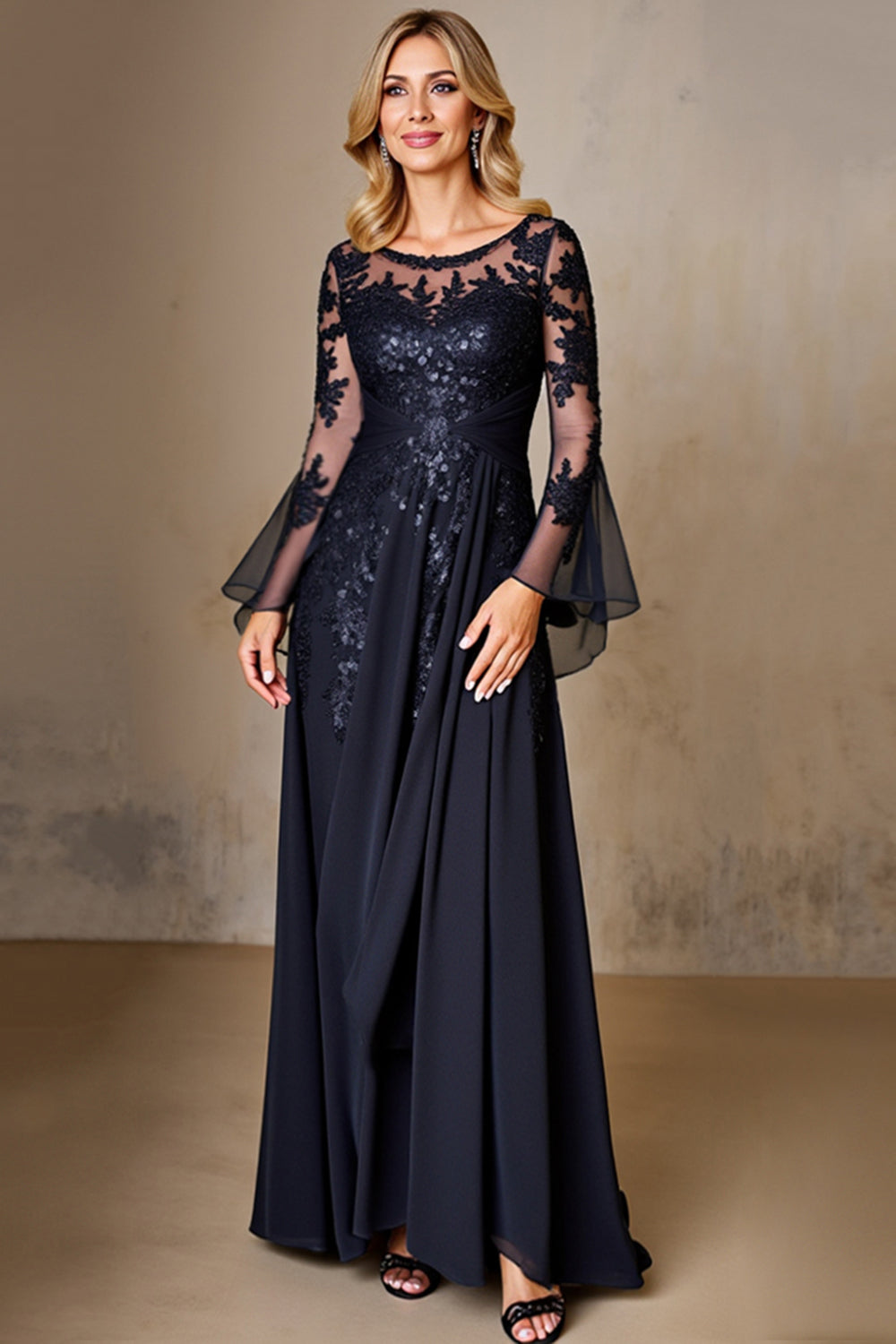 Chiffon A Line Long Sleeve Navy Mother of the Bride Dress with Lace Appliques