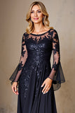 Chiffon A Line Long Sleeve Navy Mother of the Bride Dress with Lace Appliques
