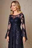 Chiffon A Line Long Sleeve Navy Mother of the Bride Dress with Lace Appliques