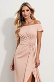 Off the Shoulder Sheath Apricot Ruched Midi Mother of the Bride Dress with Slit