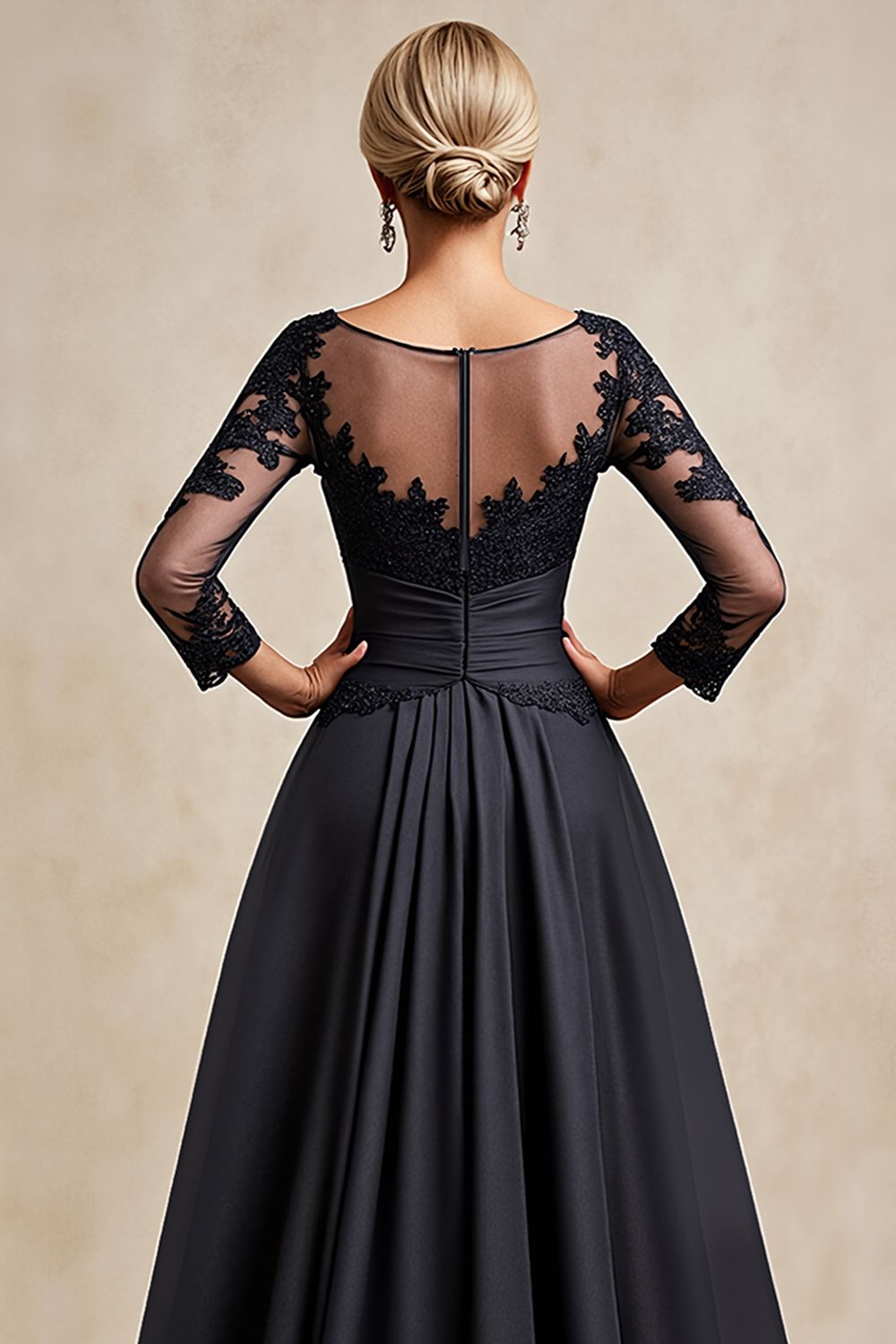 Black A Line 3/4 Sleeve Tea Length Mother of the Bride Dress with Appliques