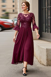 Cabernet Applique A Line Tea Length Mother of the Bride Dress