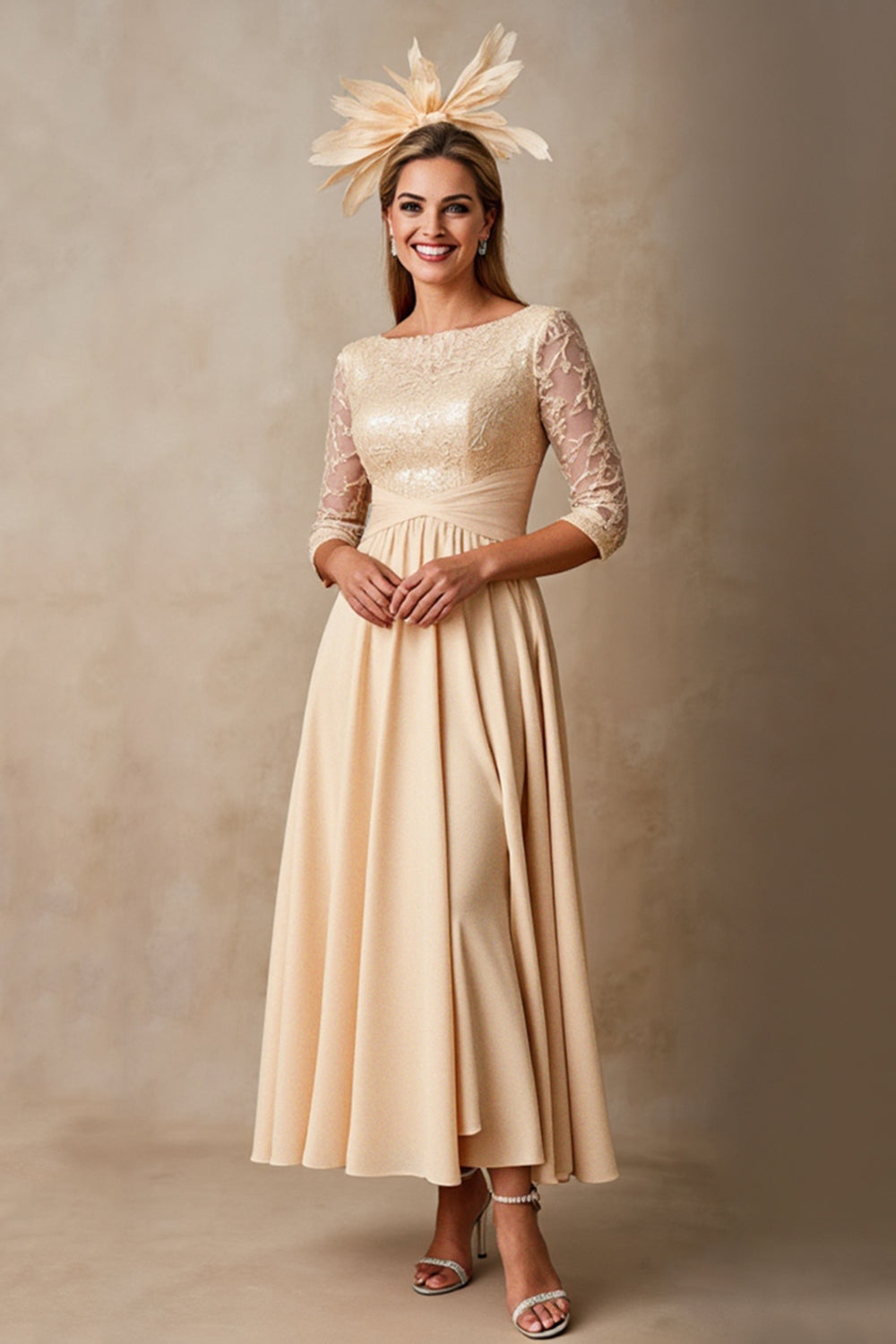 Chiffon A Line Applique Champagne Mother of the Bride Dress with 3/4 Sleeves