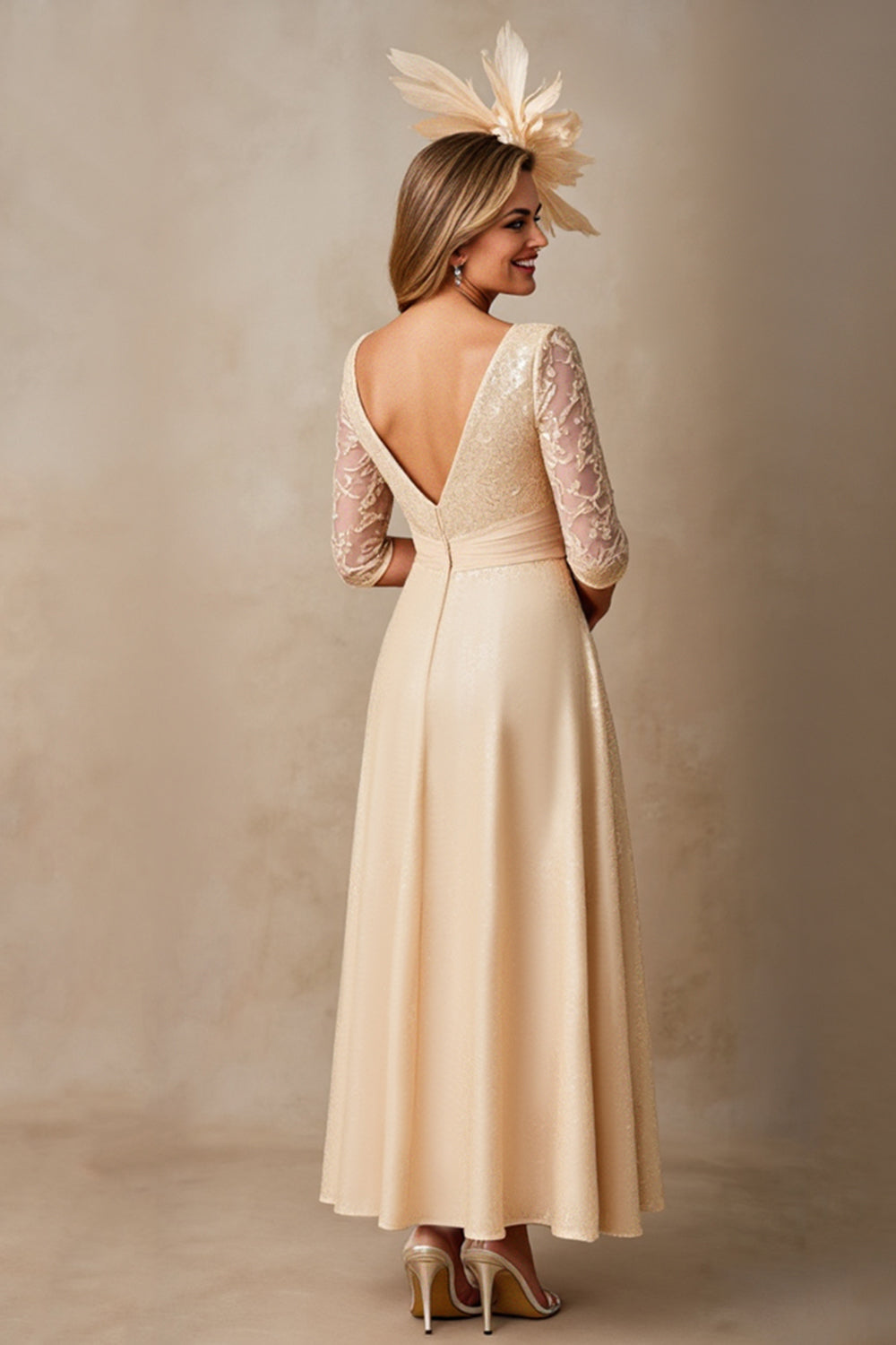 Chiffon A Line Applique Champagne Mother of the Bride Dress with 3/4 Sleeves