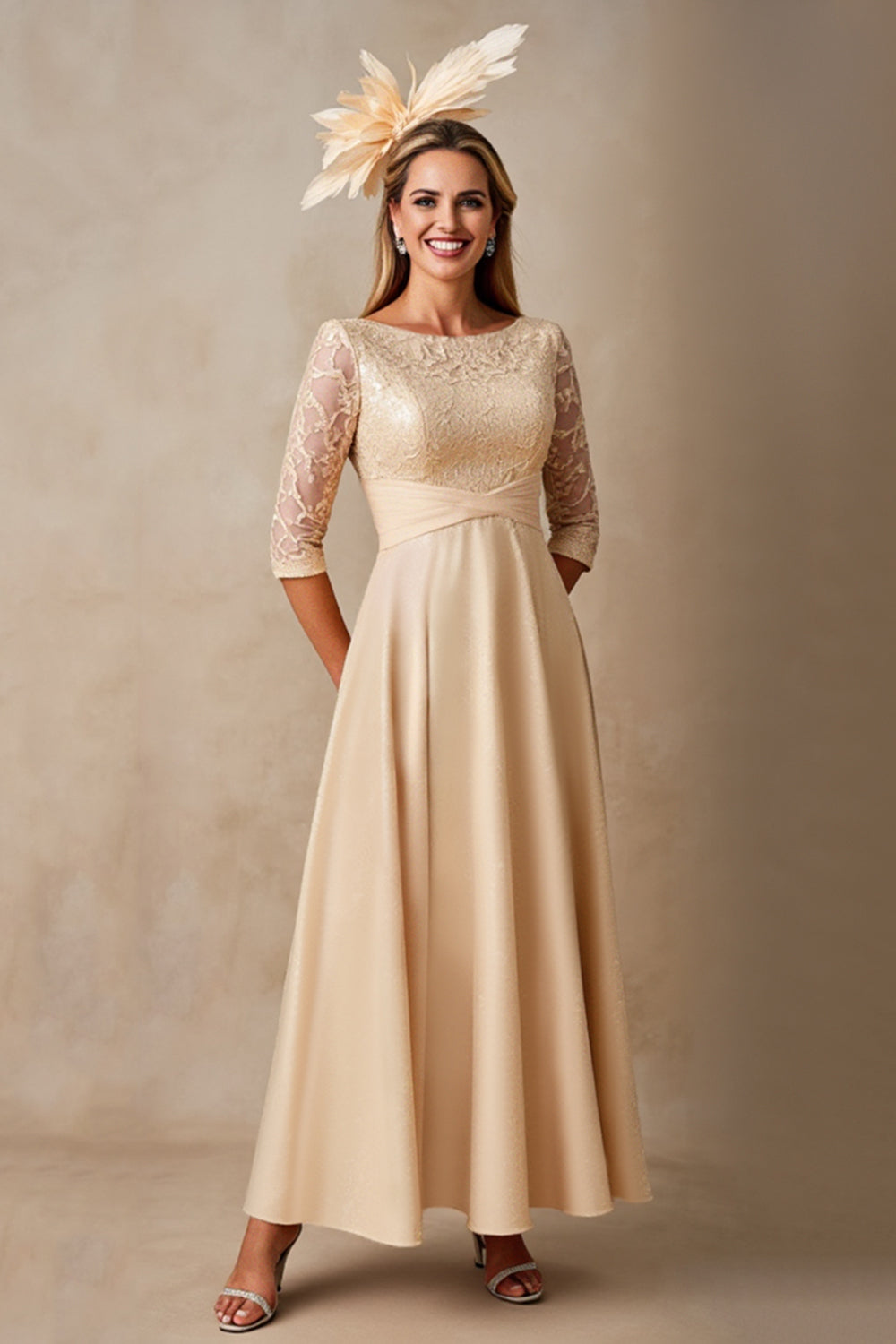 Chiffon A Line Applique Champagne Mother of the Bride Dress with 3/4 Sleeves