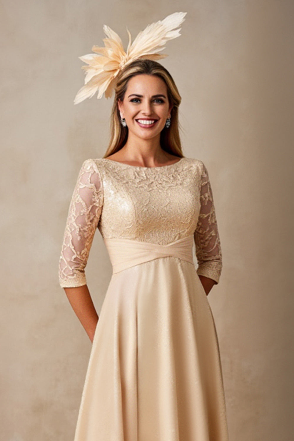 Chiffon A Line Applique Champagne Mother of the Bride Dress with 3/4 Sleeves