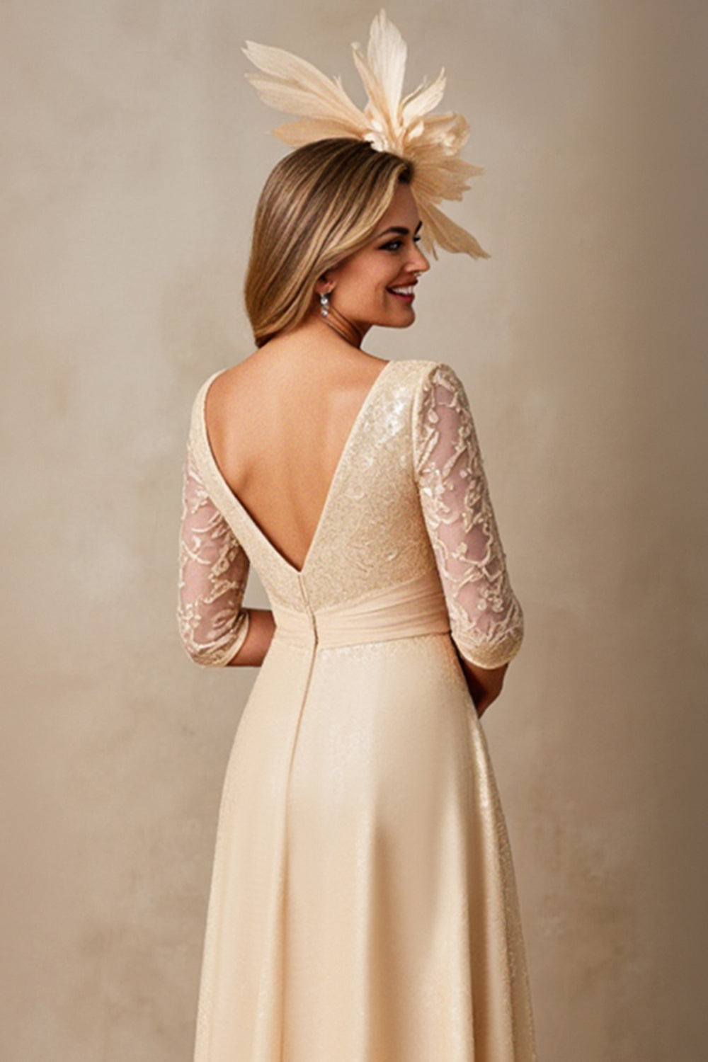 Chiffon A Line Applique Champagne Mother of the Bride Dress with 3/4 Sleeves