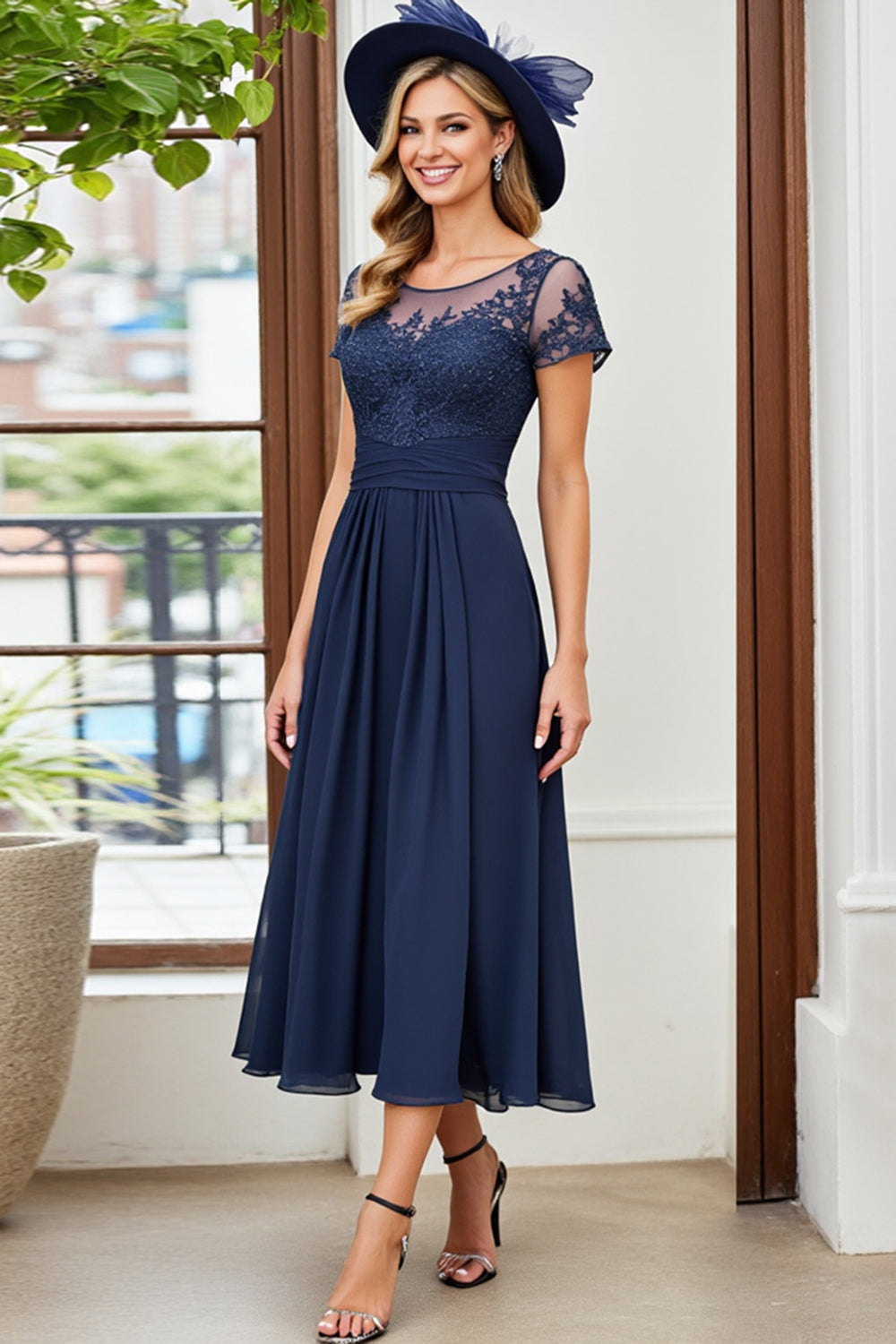 A Line Ruched Long Navy Mother Of The Bride Dress