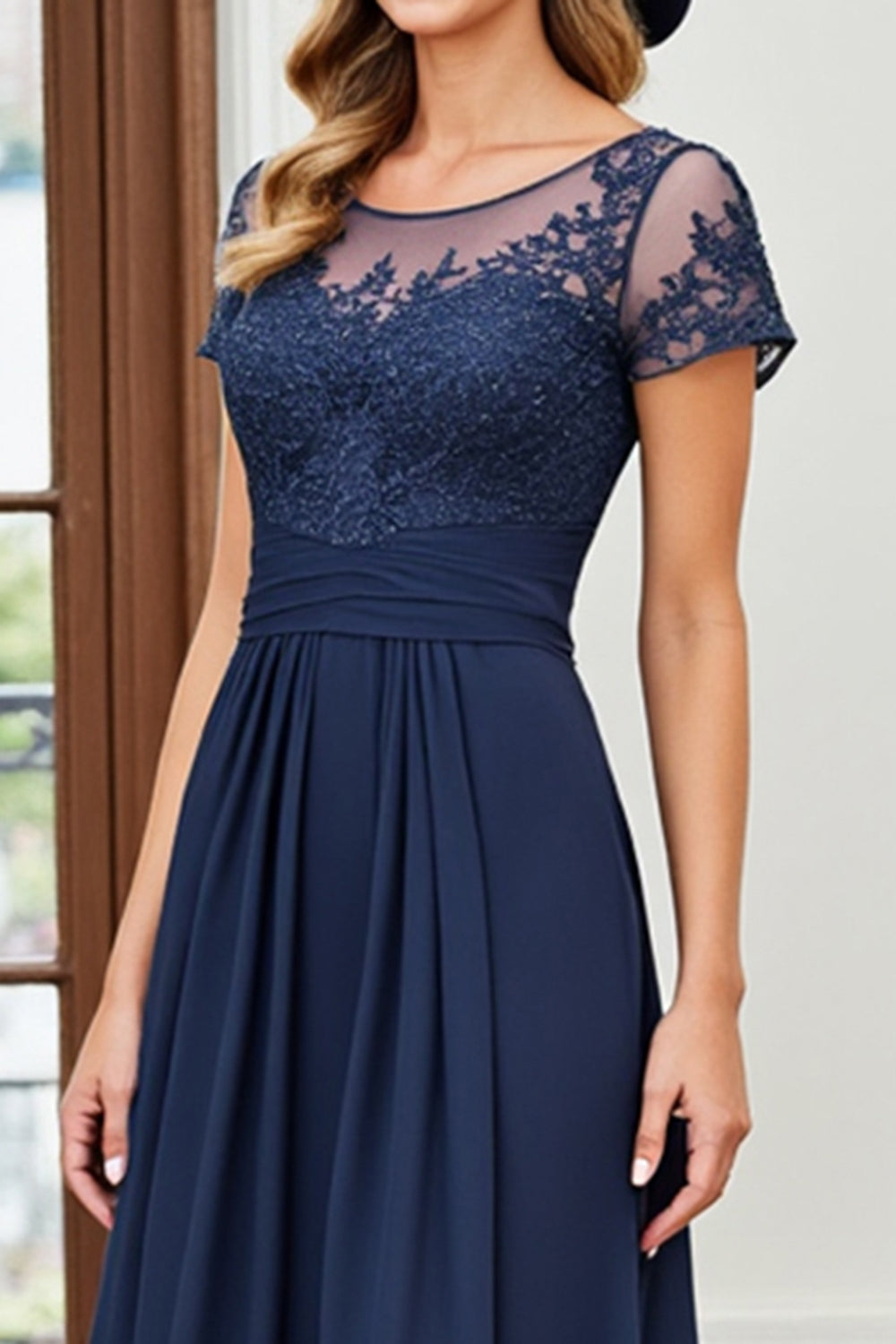 A Line Ruched Long Navy Mother Of The Bride Dress