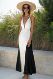 A Line Black And White V Neck Long Formal Dress