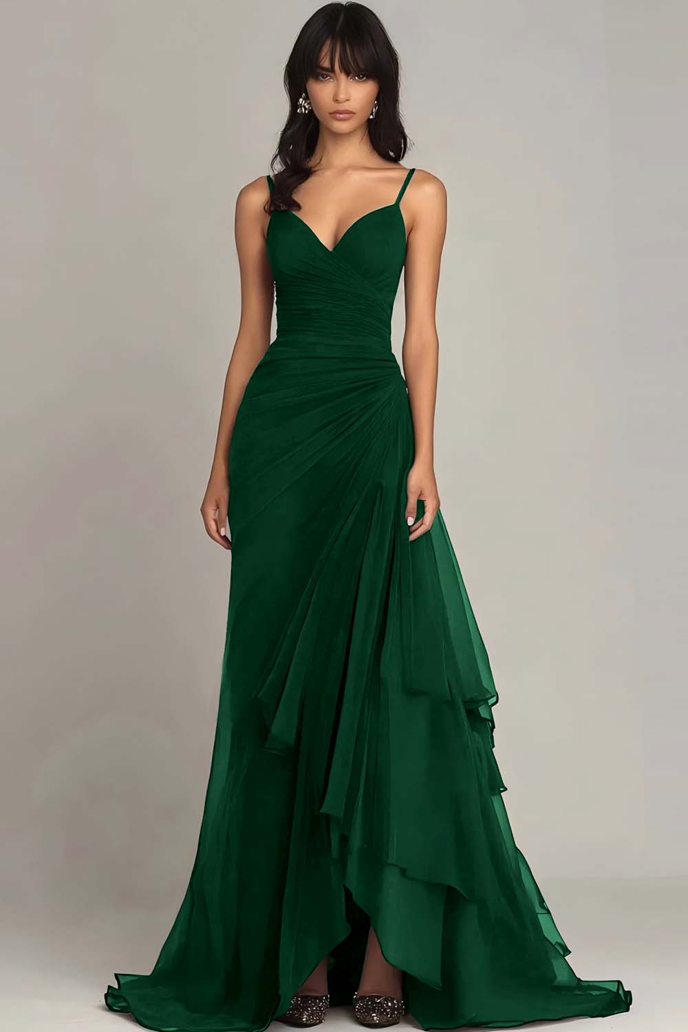 Dark Green A Line Spaghetti Straps Ruffled Formal Dress