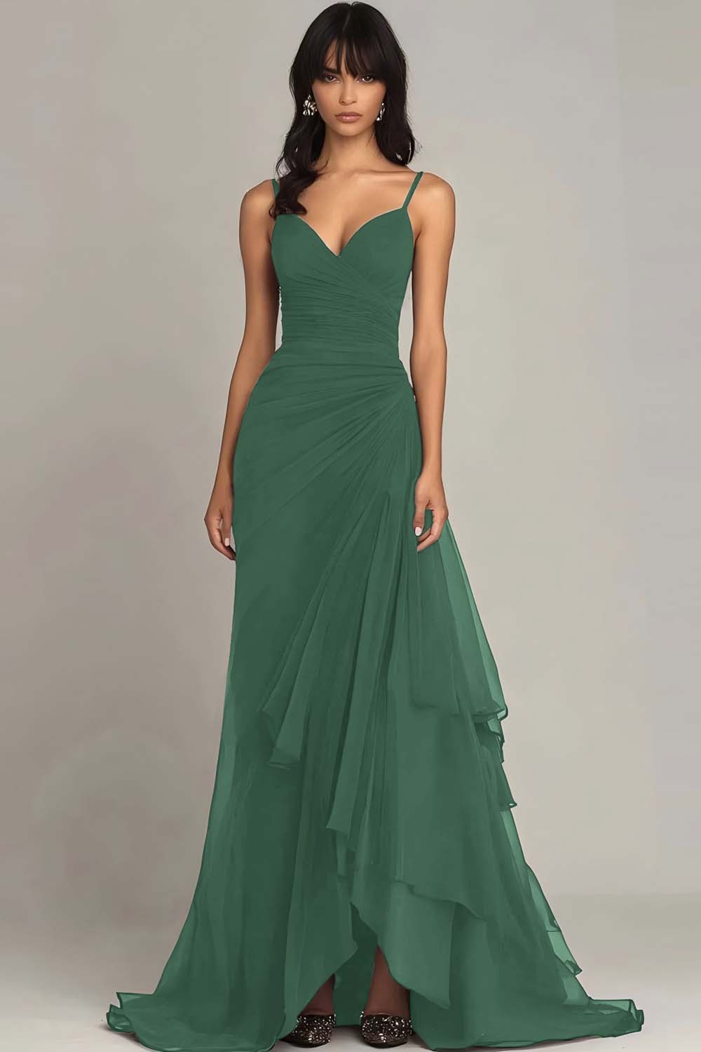 Dark Green A Line Spaghetti Straps Ruffled Formal Dress